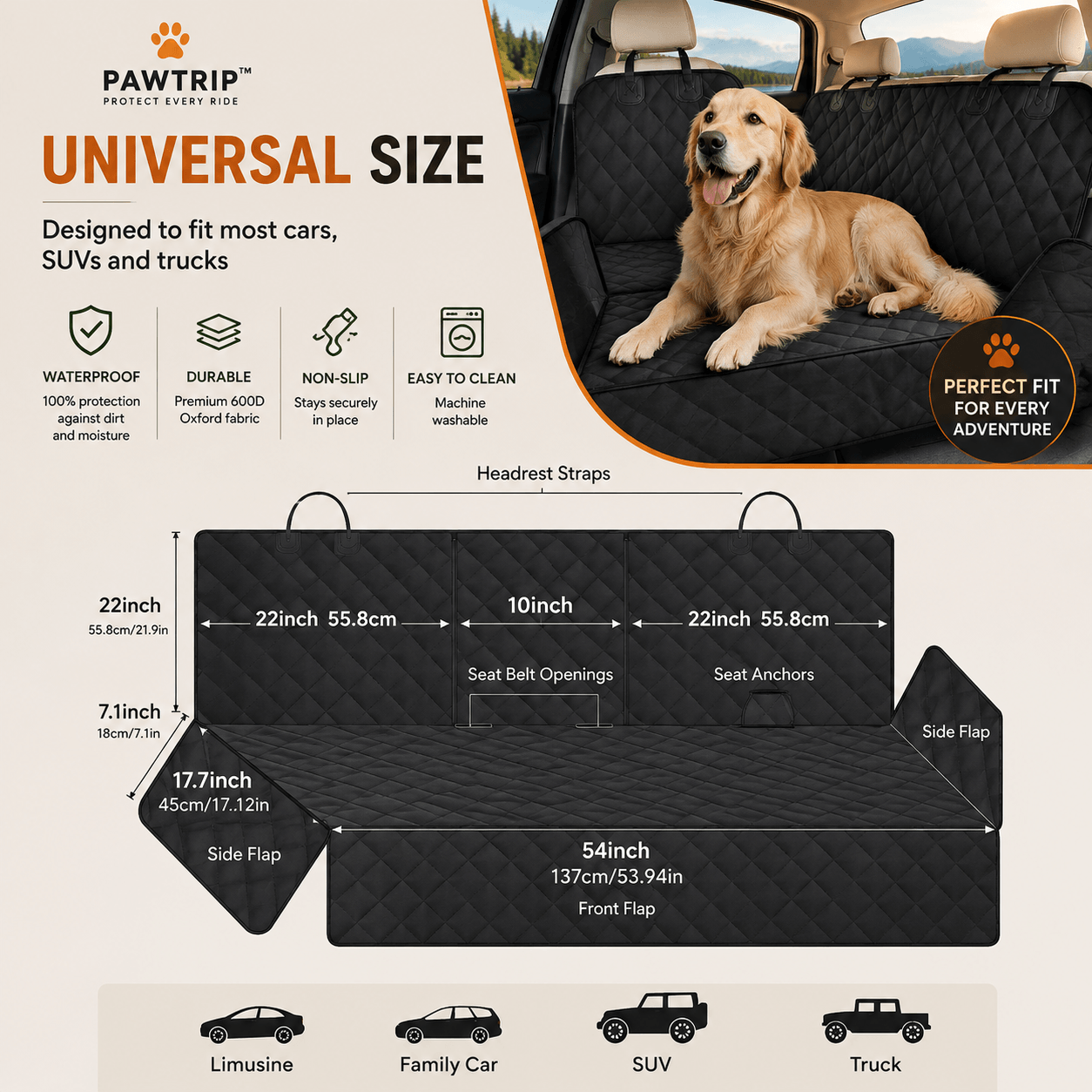 PawTrip™ Waterproof Dog Car Seat Cover | Non-Slip Back Seat Protector